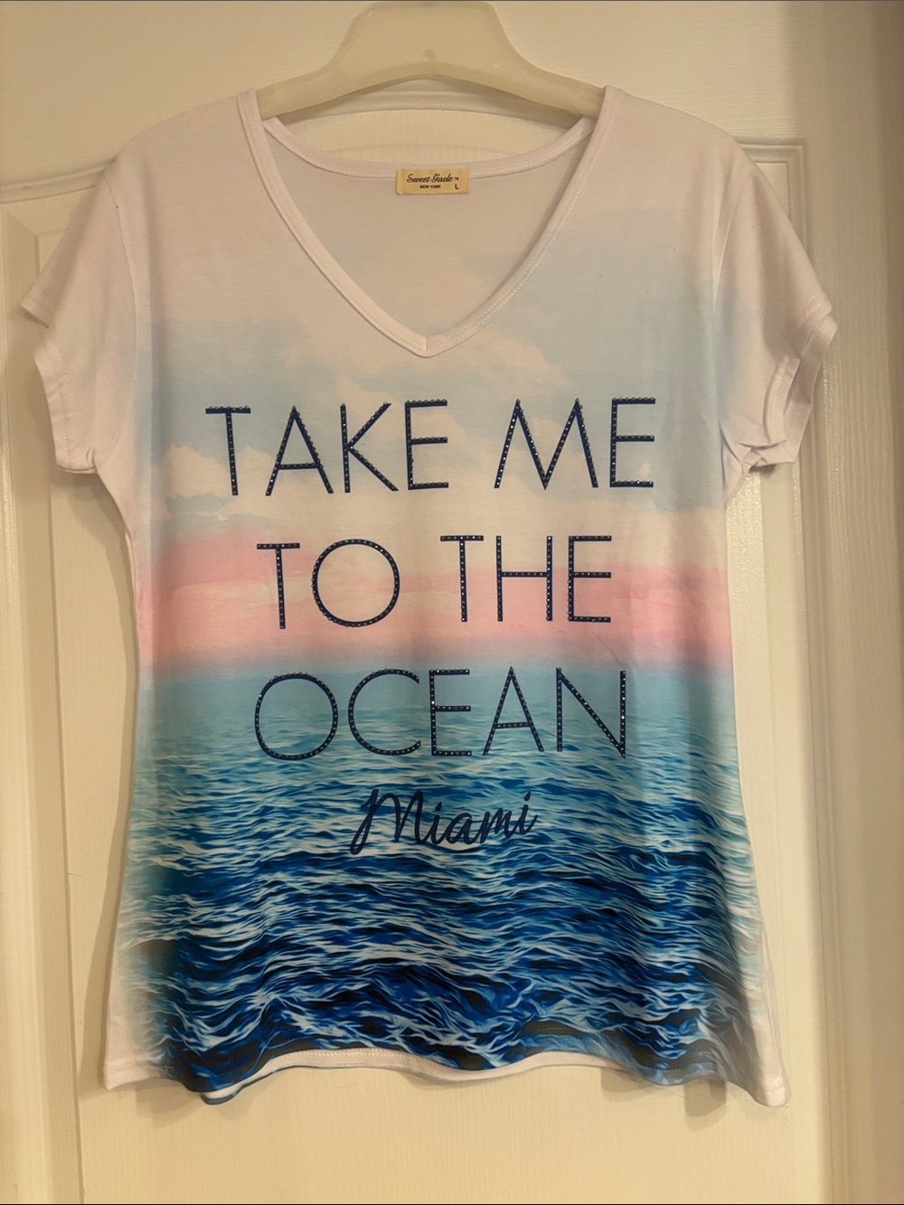 Take Me To The Ocean Miami V-Neck Graphic Tee - White/Blue